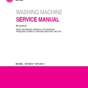 Lg wt1201cv service manual cover with LG logo, service website path, washer model codes and service caution notice