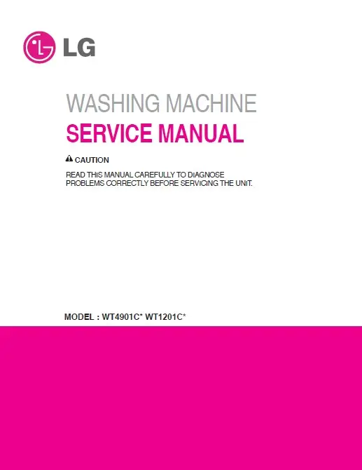 Lg wt1201cv service manual cover with LG logo, service website path, washer model codes and service caution notice