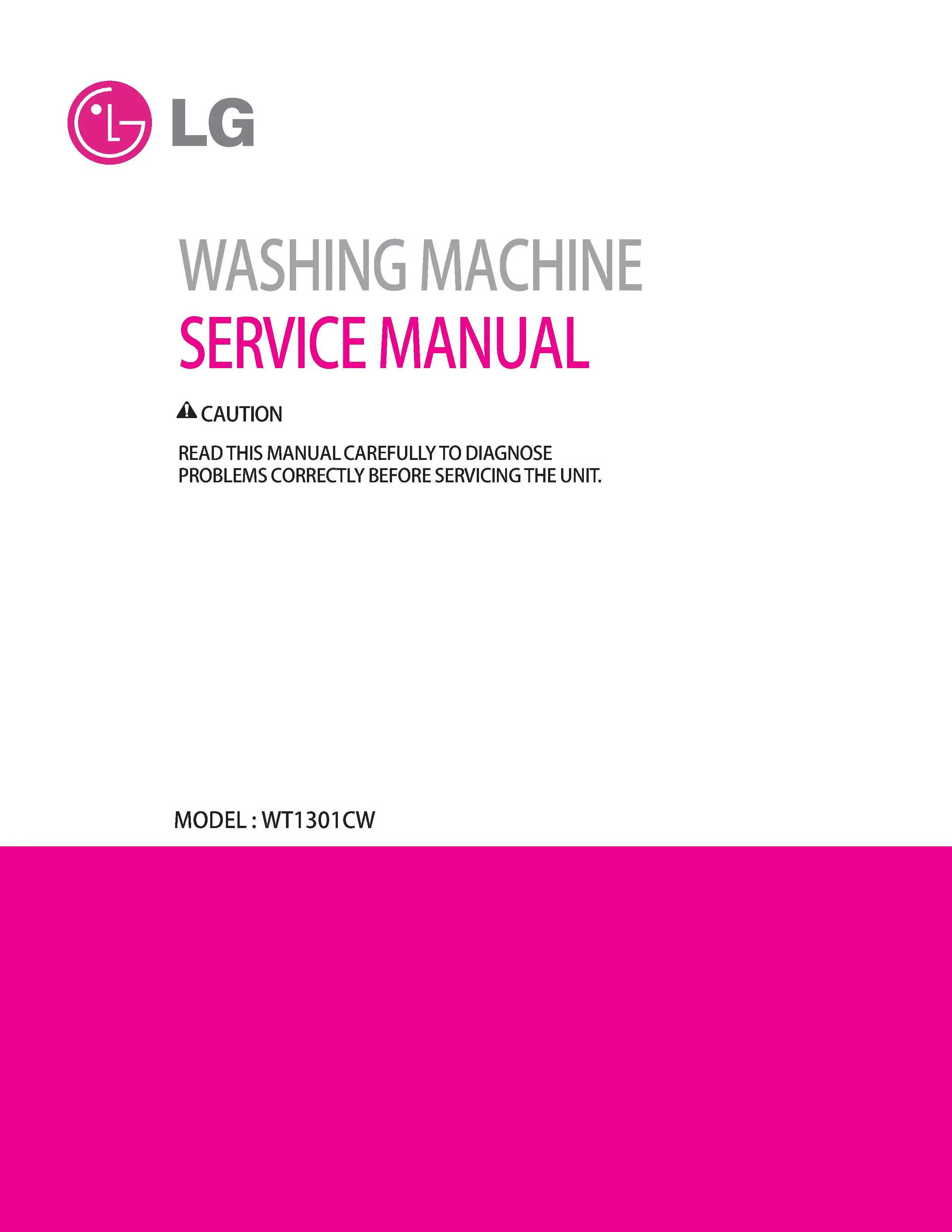 Lg wt1301cv service manual cover with LG logo, service website path, washer model codes and service caution notice