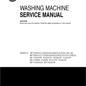 Lg wt1485cw service manual cover with LG logo, service website path, washer model codes and service caution notice