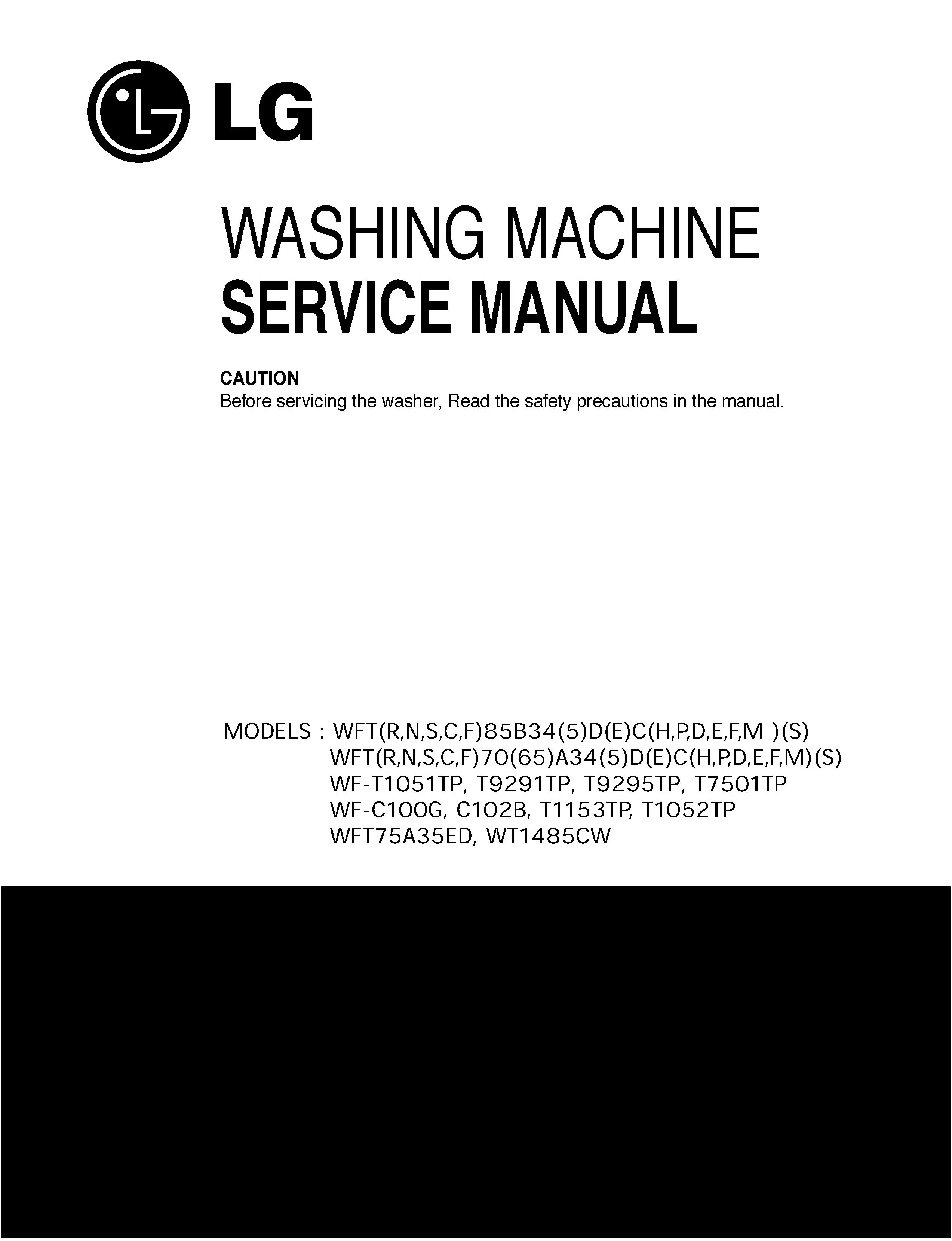 Lg wt1485cw service manual cover with LG logo, service website path, washer model codes and service caution notice