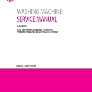 Lg wt1501cw service manual cover with LG logo, service website path, washer model codes and service caution notice