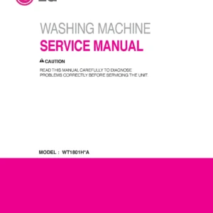 Lg wt1801h wt1801hwa wt1801hva service manual cover with LG logo, service website path, washer model codes and service caution notice