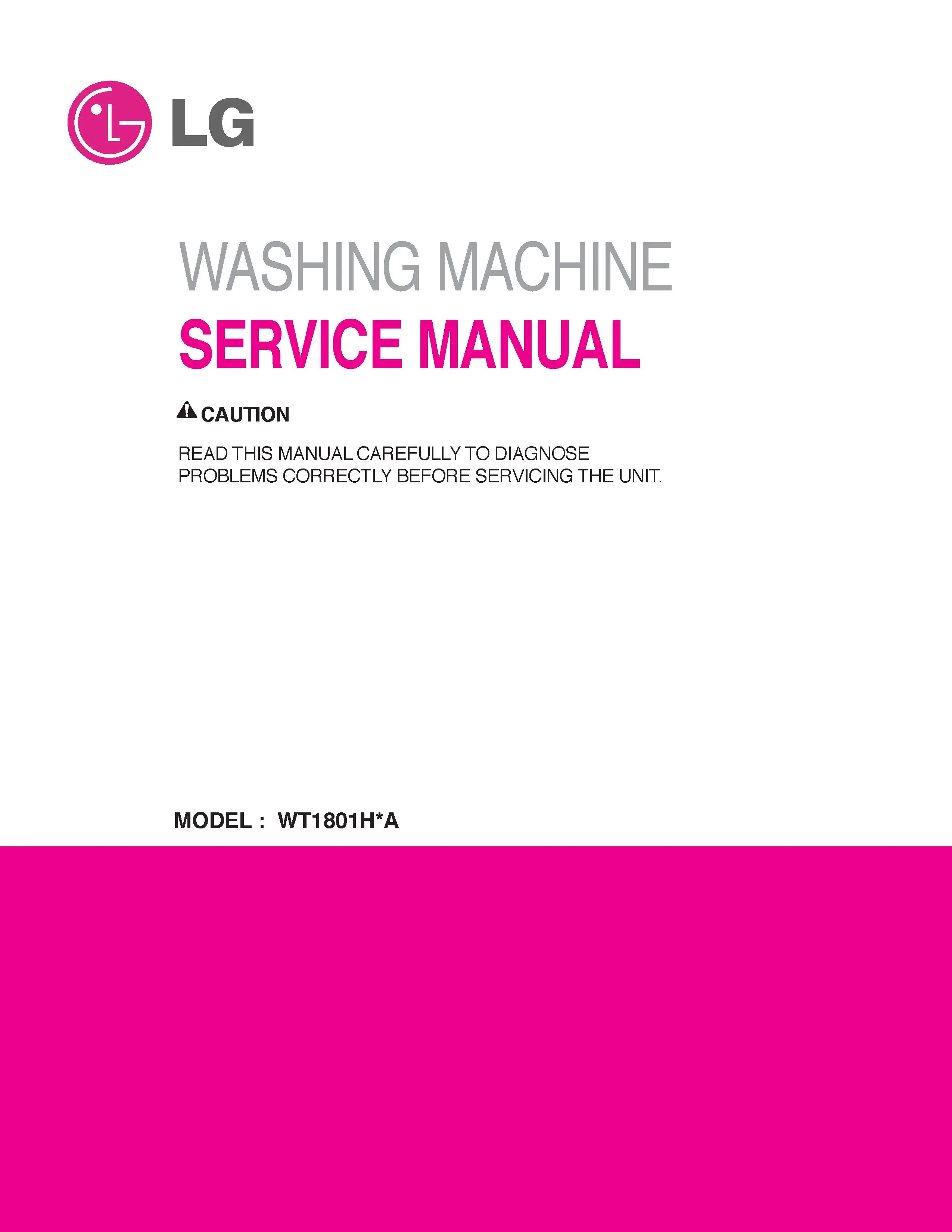 Lg wt1801h wt1801hwa wt1801hva service manual cover with LG logo, service website path, washer model codes and service caution notice