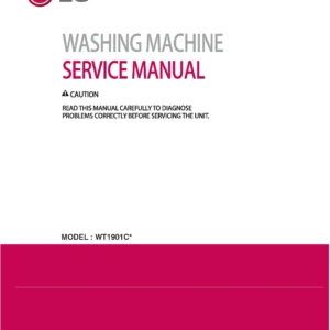 Lg wt1901c wt1901ck wt1901cw service manual cover with LG logo, service website path, washer model codes and service caution notice
