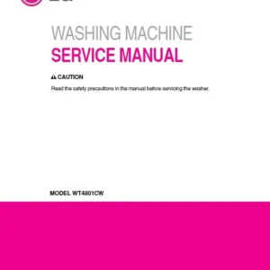 Lg wt4801cw service manual cover with LG logo, service website path, washer model codes and service caution notice