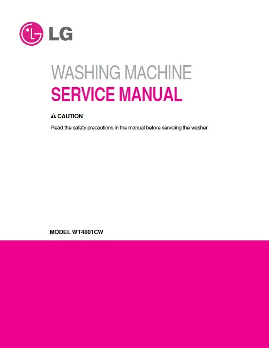 Lg wt4801cw service manual cover with LG logo, service website path, washer model codes and service caution notice