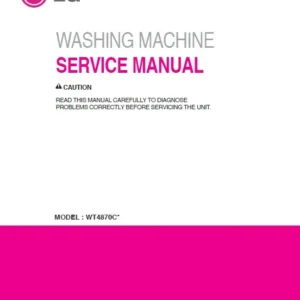 Lg wt4870cw service manual cover with LG logo, service website path, washer model codes and service caution notice