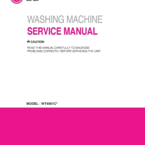 Lg wt4901cw service manual cover with LG logo, service website path, washer model codes and service caution notice