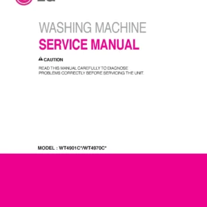 Lg wt4970cw service manual cover with LG logo, service website path, washer model codes and service caution notice