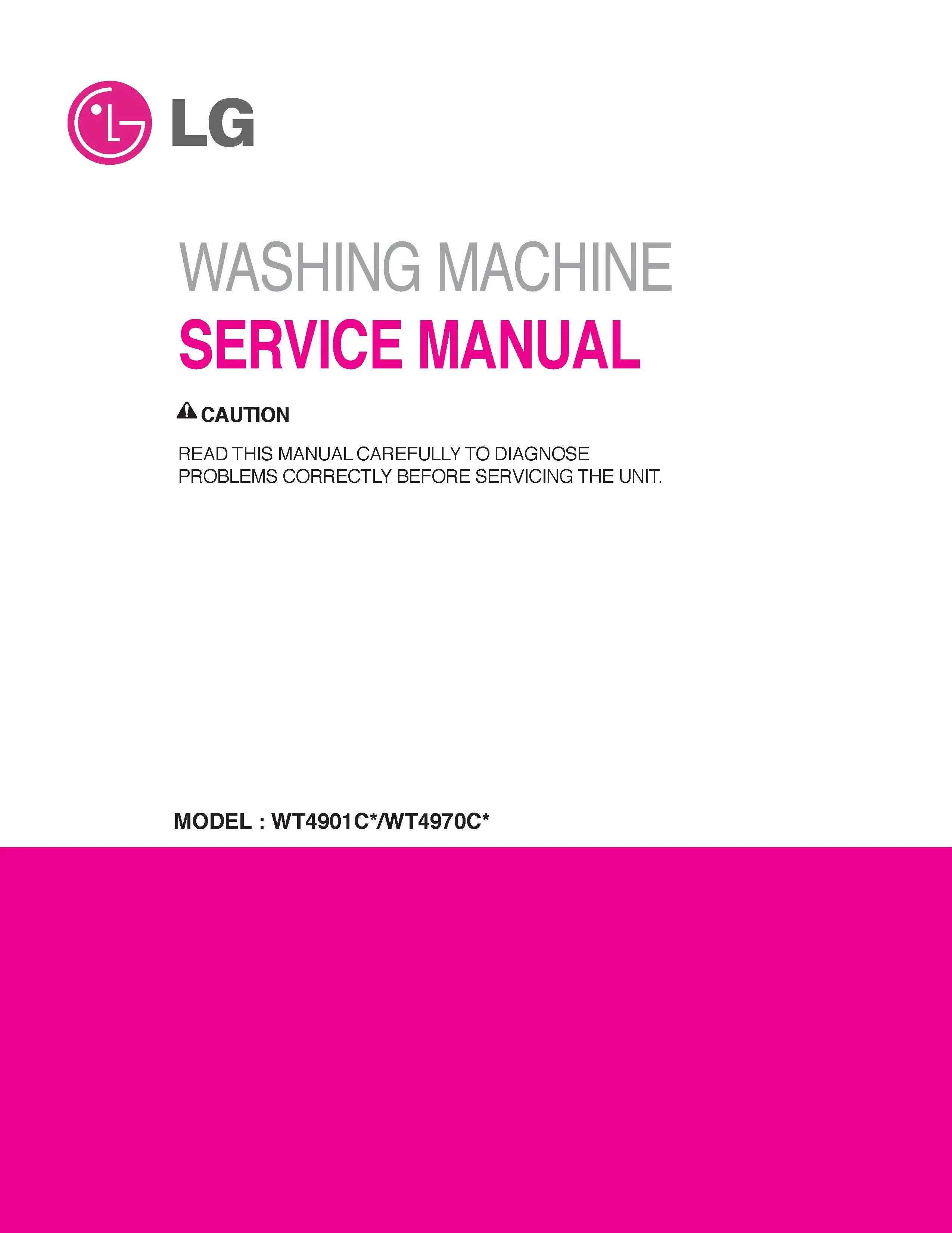 Lg wt4970cw service manual cover with LG logo, service website path, washer model codes and service caution notice