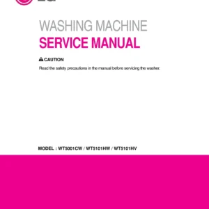 Lg wt5001cw service manual cover with LG logo, service website path, washer model codes and service caution notice