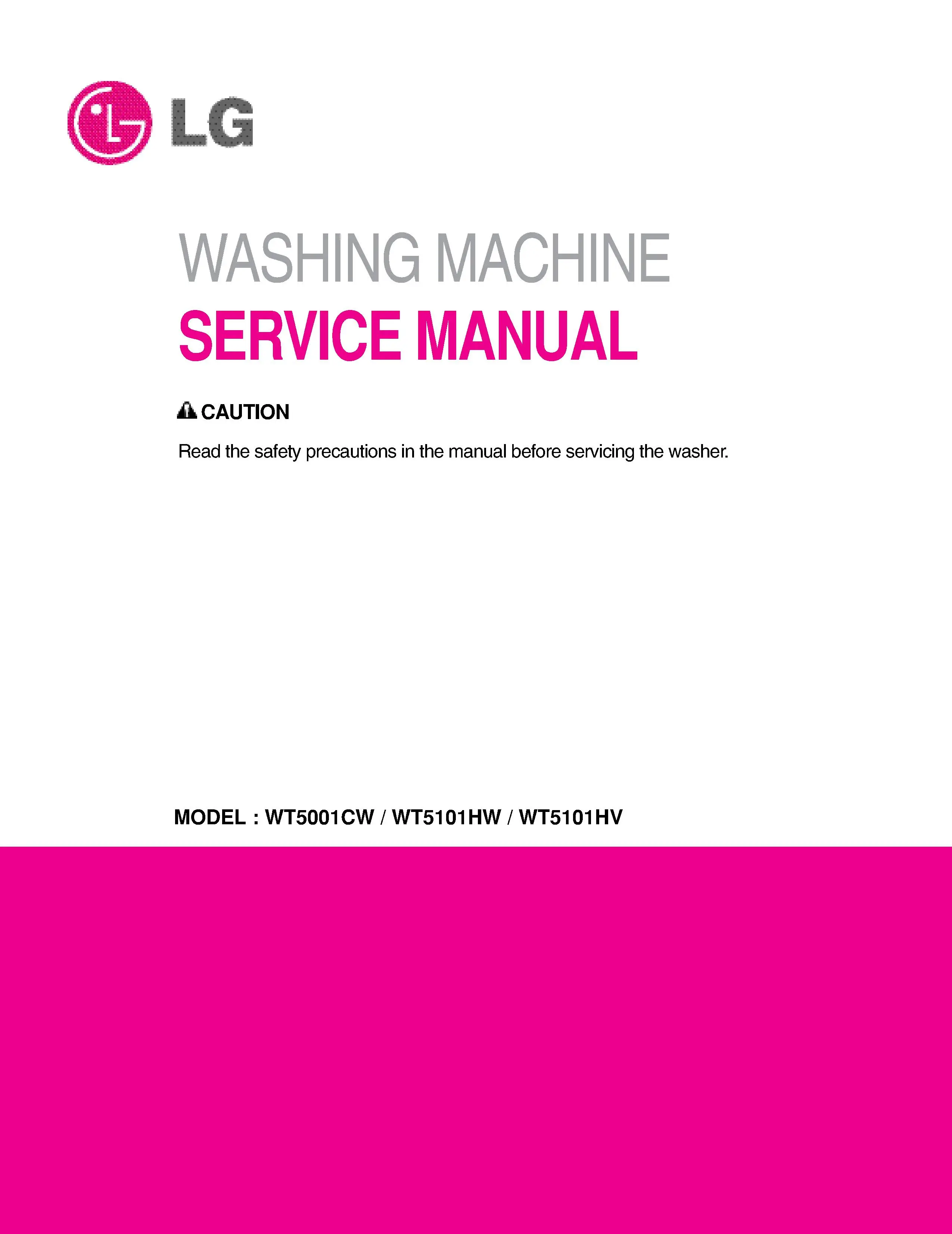 Lg wt5001cw service manual cover with LG logo, service website path, washer model codes and service caution notice