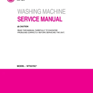 Lg wt5070cw service manual cover with LG logo, service website path, washer model codes and service caution notice
