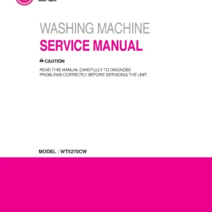 Lg wt5270cw service manual cover with LG logo, service website path, washer model codes and service caution notice