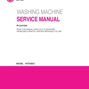 Lg wt5480cw service manual cover with LG logo, service website path, washer model codes and service caution notice