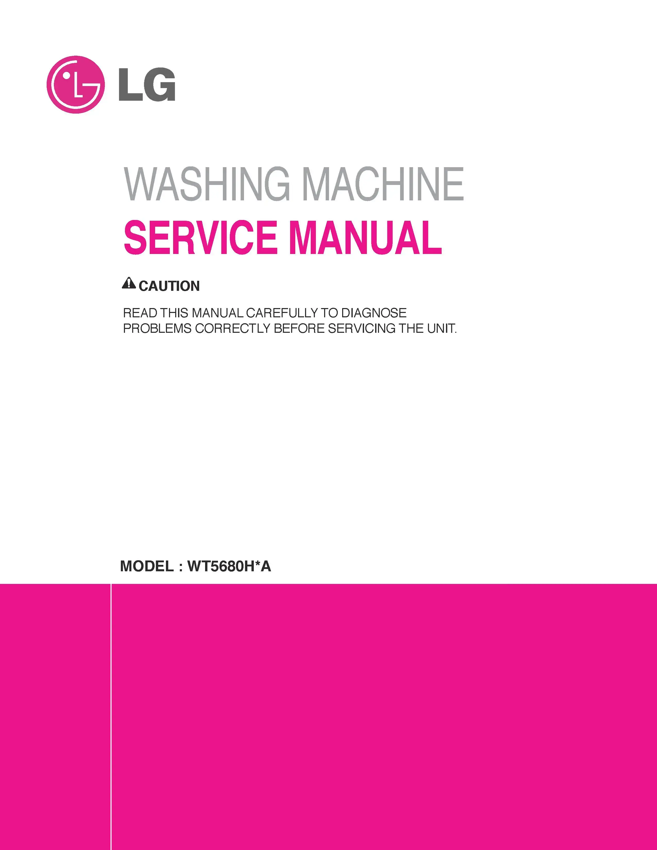 Lg wt5680h wt5680hwa wt5680hva service manual cover with LG logo, service website path, washer model codes and service caution notice