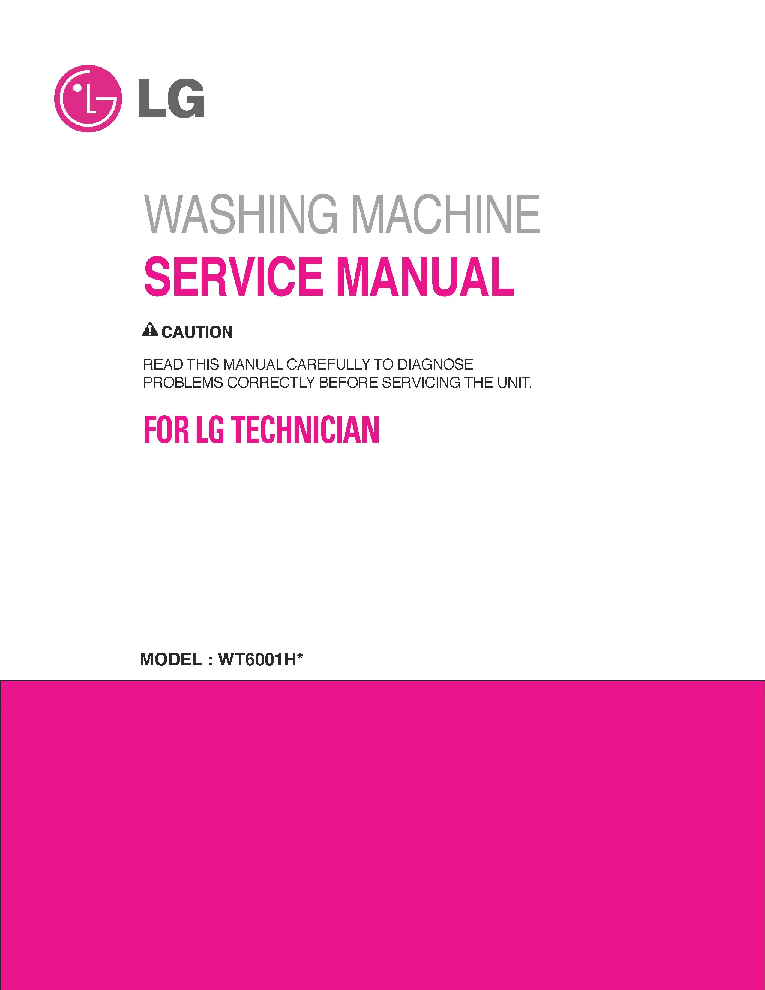 Lg wt6001hv service manual cover with LG logo, service website path, washer model codes and service caution notice