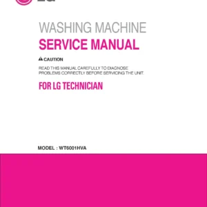 Lg wt6001hva service manual cover with LG logo, service website path, washer model codes and service caution notice