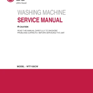 Lg wt7100cw service manual cover with LG logo, service website path, washer model codes and service caution notice
