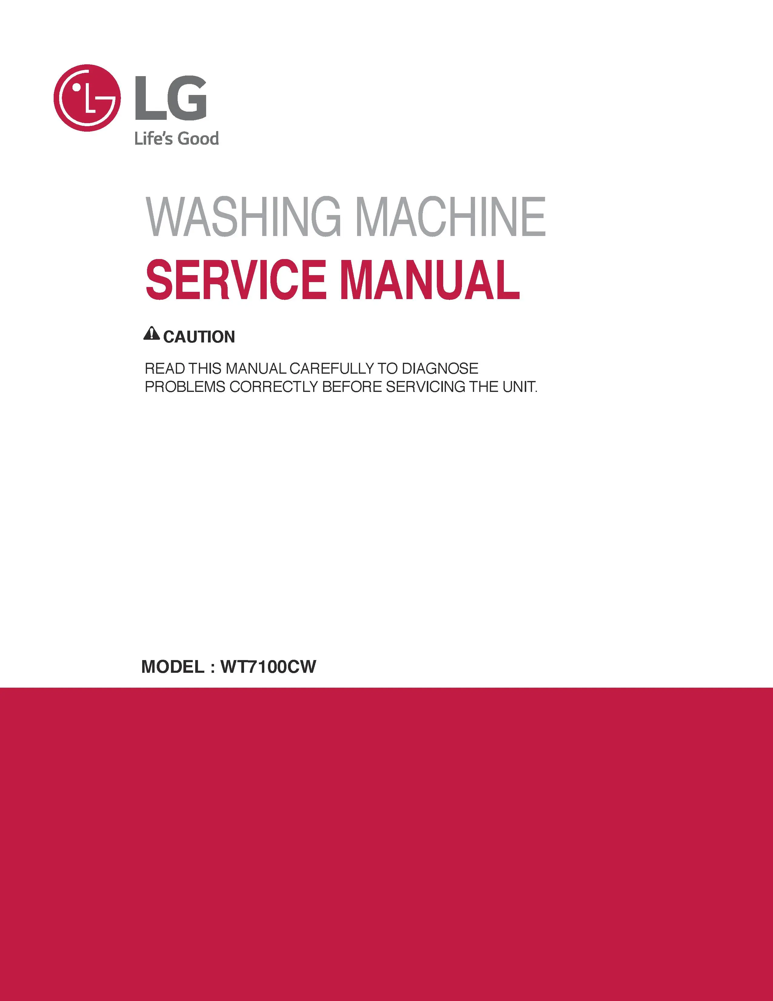 Lg wt7100cw service manual cover with LG logo, service website path, washer model codes and service caution notice