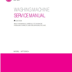 Lg wt7200c wt7200cw wt7200cv service manual cover with LG logo, service website path, washer model codes and service caution notice