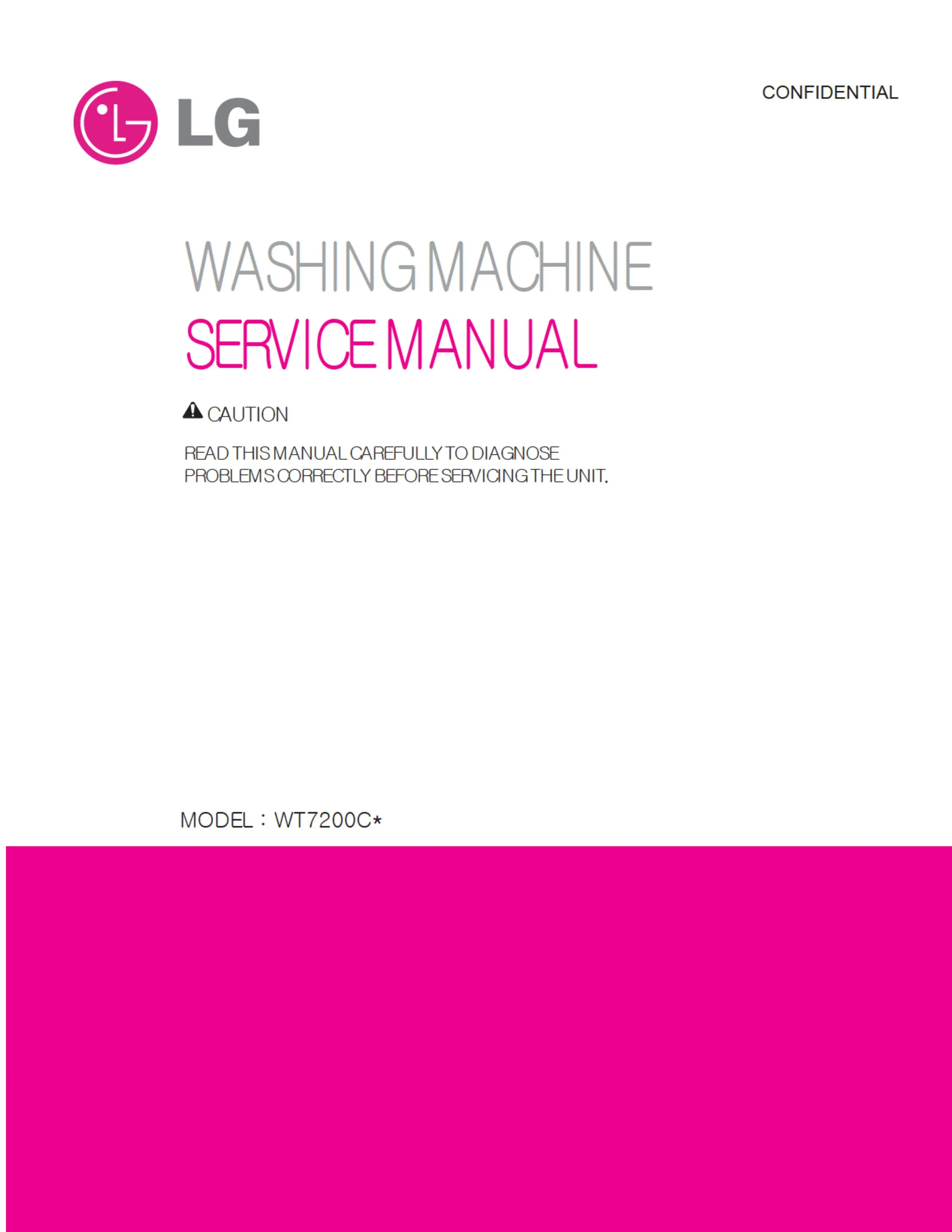 Lg wt7200c wt7200cw wt7200cv service manual cover with LG logo, service website path, washer model codes and service caution notice