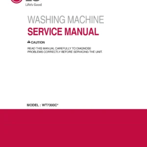 Lg wt7300cv wt7300cw service manual cover with LG logo, service website path, washer model codes and service caution notice