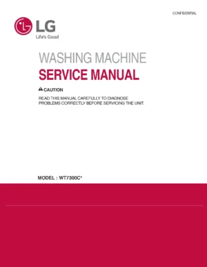 Lg wt7300cv wt7300cw service manual cover with LG logo, service website path, washer model codes and service caution notice