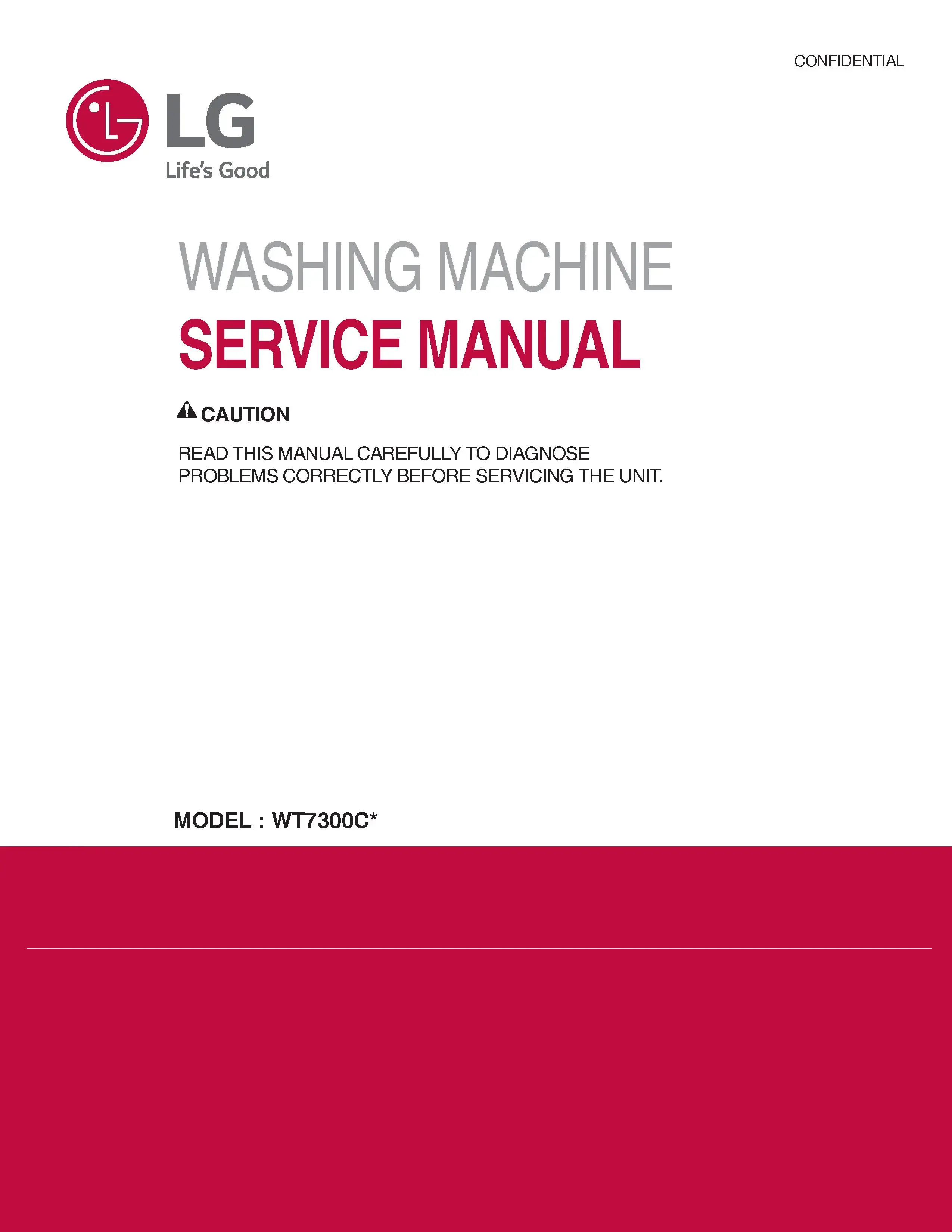 Lg wt7300cv wt7300cw service manual cover with LG logo, service website path, washer model codes and service caution notice
