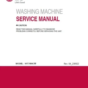 Lg wt7400cw service manual cover with LG logo, service website path, washer model codes and service caution notice