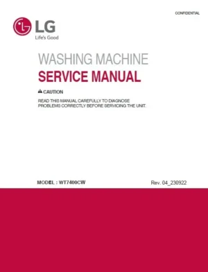 Lg wt7400cw service manual cover with LG logo, service website path, washer model codes and service caution notice