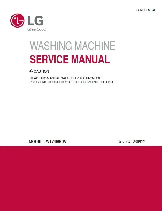 Lg wt7400cw service manual cover with LG logo, service website path, washer model codes and service caution notice