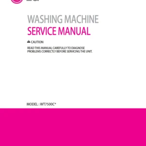 Lg wt7500cw service manual cover with LG logo, service website path, washer model codes and service caution notice
