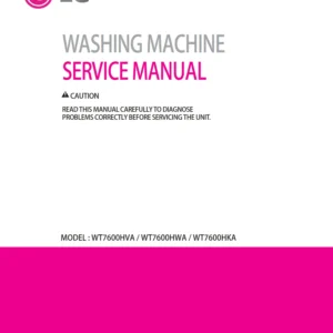Lg wt7600hva wt7600hwa wt7600hka service manual cover with LG logo, service website path, washer model codes and service caution notice