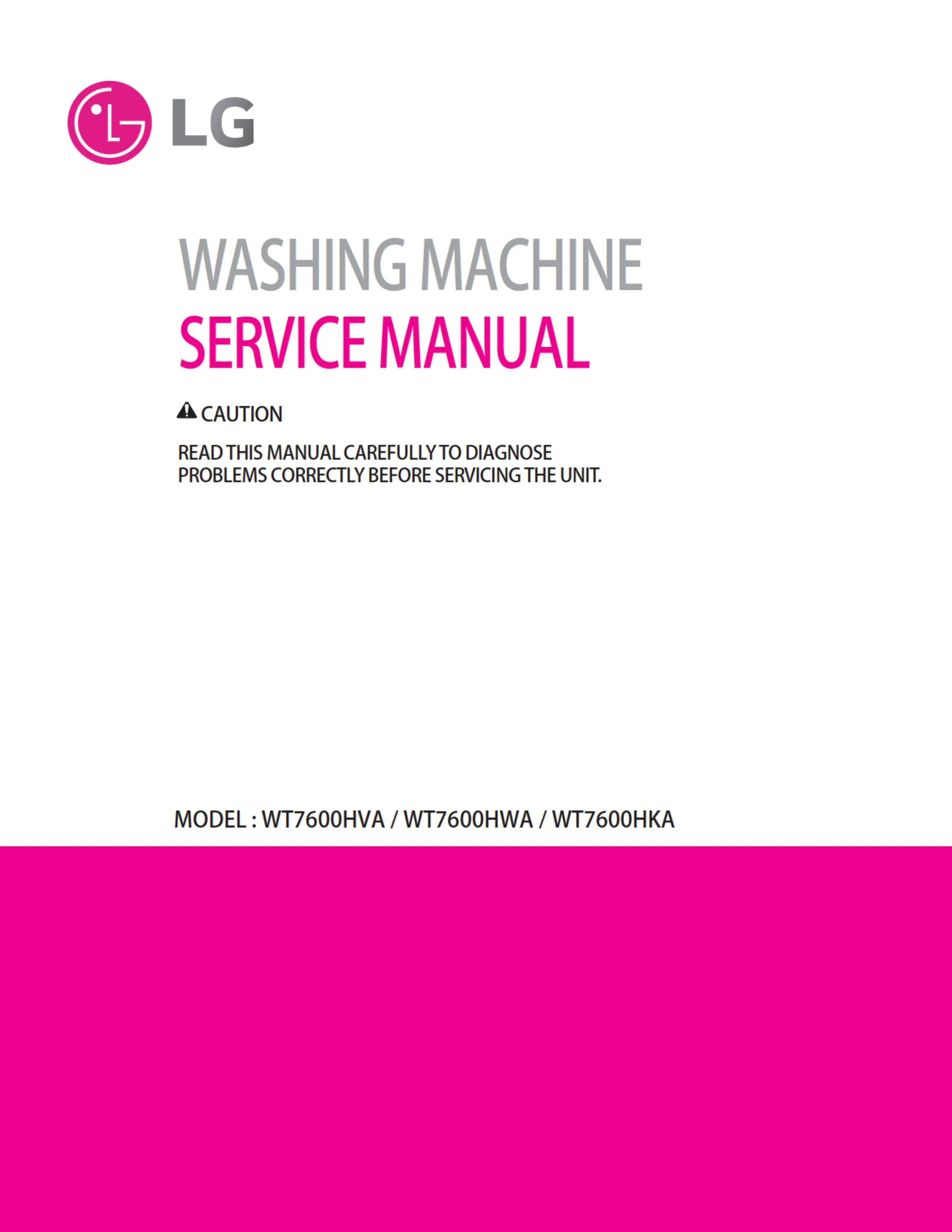 Lg wt7600hva wt7600hwa wt7600hka service manual cover with LG logo, service website path, washer model codes and service caution notice