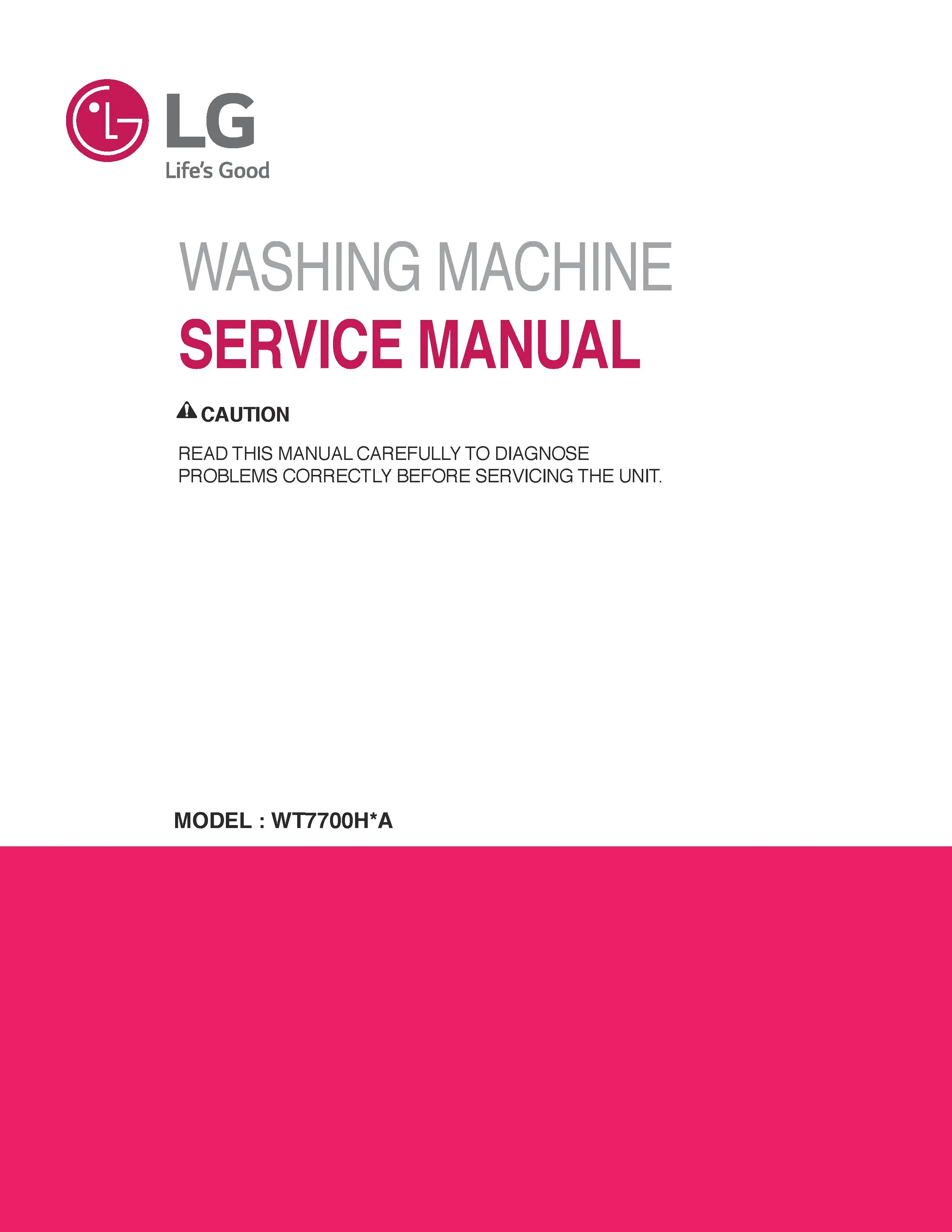 Lg wt7700h wt7700hva wt7700hwa service manual cover with LG logo, service website path, washer model codes and service caution notice