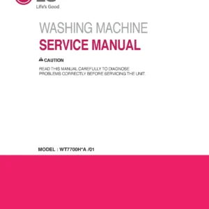 Lg wt7700hka wt7700hva wt7700hwa service manual cover with LG logo, service website path, washer model codes and service caution notice