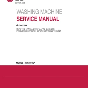 Lg wt7800cw wt7800cv service manual cover with LG logo, service website path, washer model codes and service caution notice