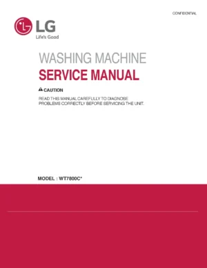 Lg wt7800cw wt7800cv service manual cover with LG logo, service website path, washer model codes and service caution notice