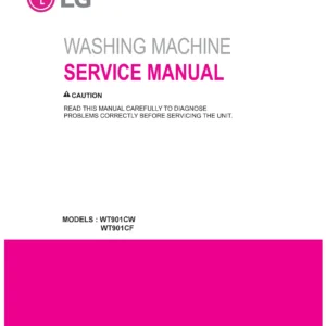 Lg wt901cw wt901cf service manual cover with LG logo, service website path, washer model codes and service caution notice