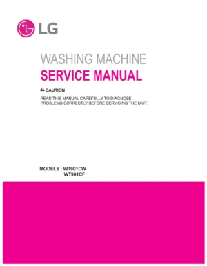 Lg wt901cw wt901cf service manual cover with LG logo, service website path, washer model codes and service caution notice