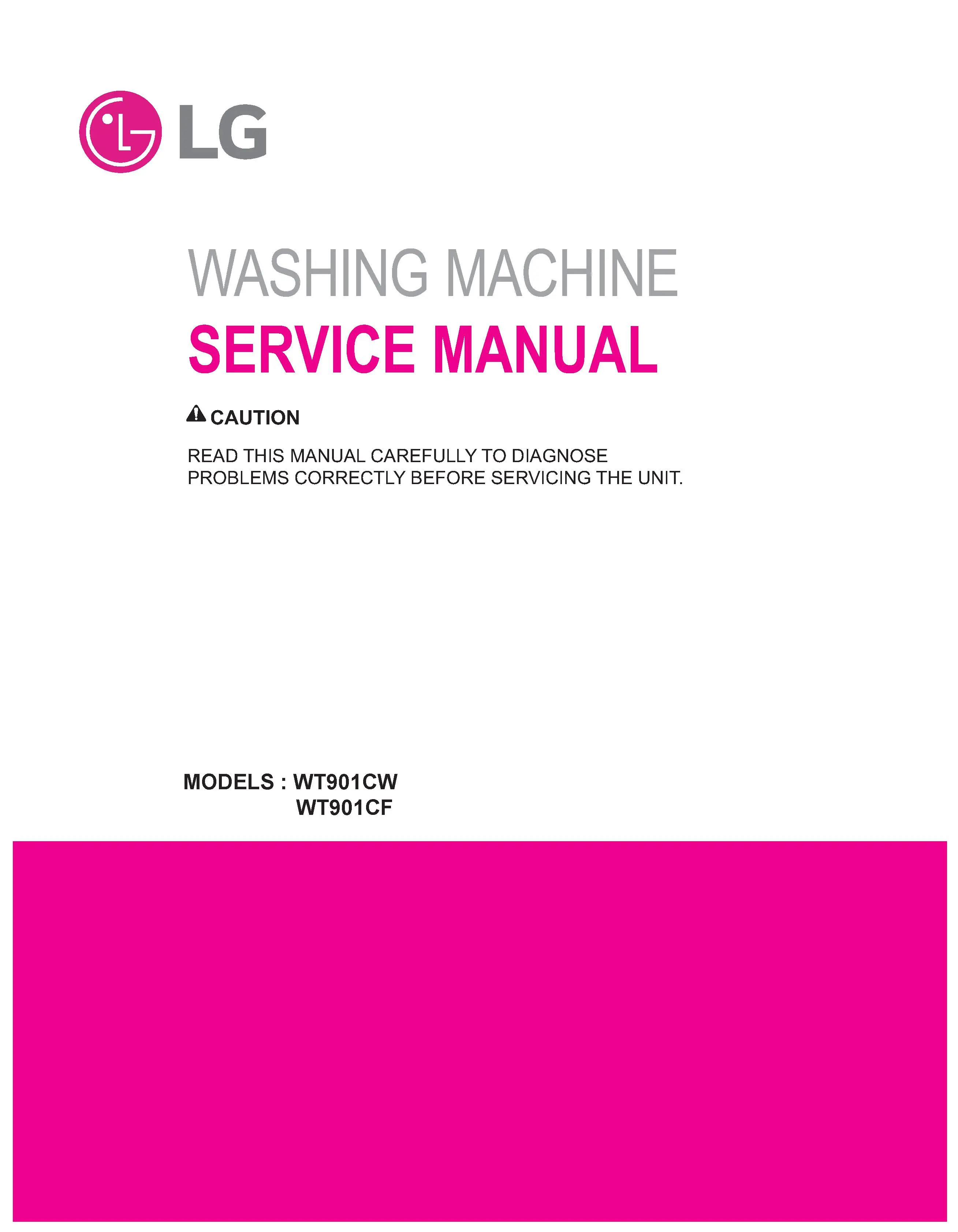 Lg wt901cw wt901cf service manual cover with LG logo, service website path, washer model codes and service caution notice