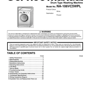 Panasonic na 106vc5 106vc5wpl service manual cover from Whirlpool emea customer services with model code, manual creation date, manual contents,