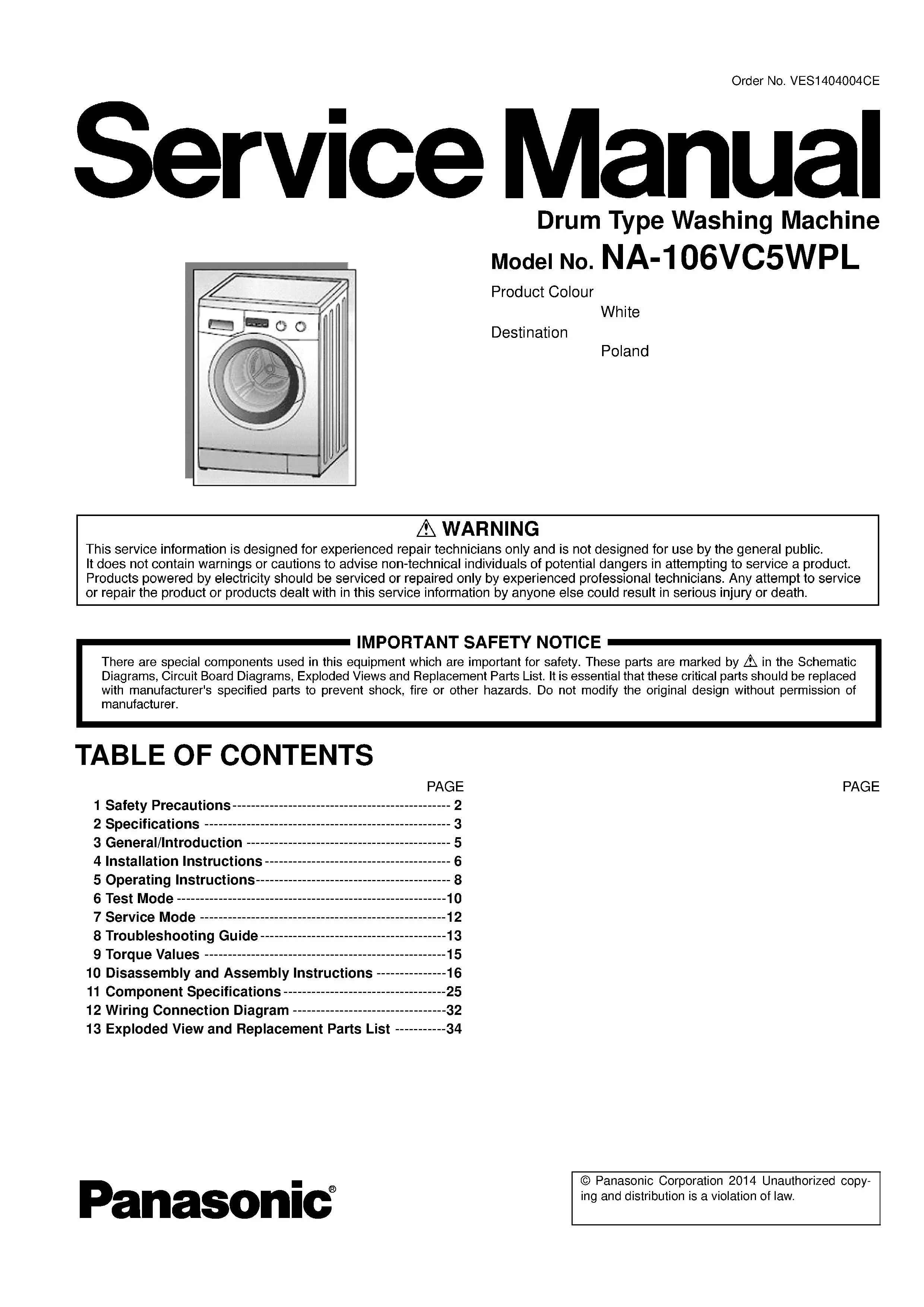 Panasonic na 106vc5 106vc5wpl service manual cover from Whirlpool emea customer services with model code, manual creation date, manual contents,