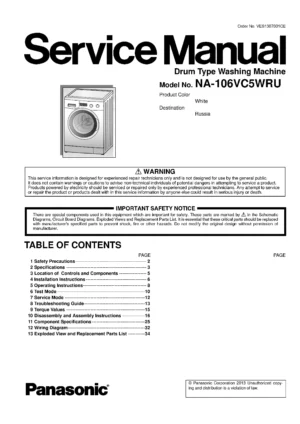 Panasonic na 106vc5 106vc5wru service manual cover from Whirlpool emea customer services with model code, manual creation date, manual contents,