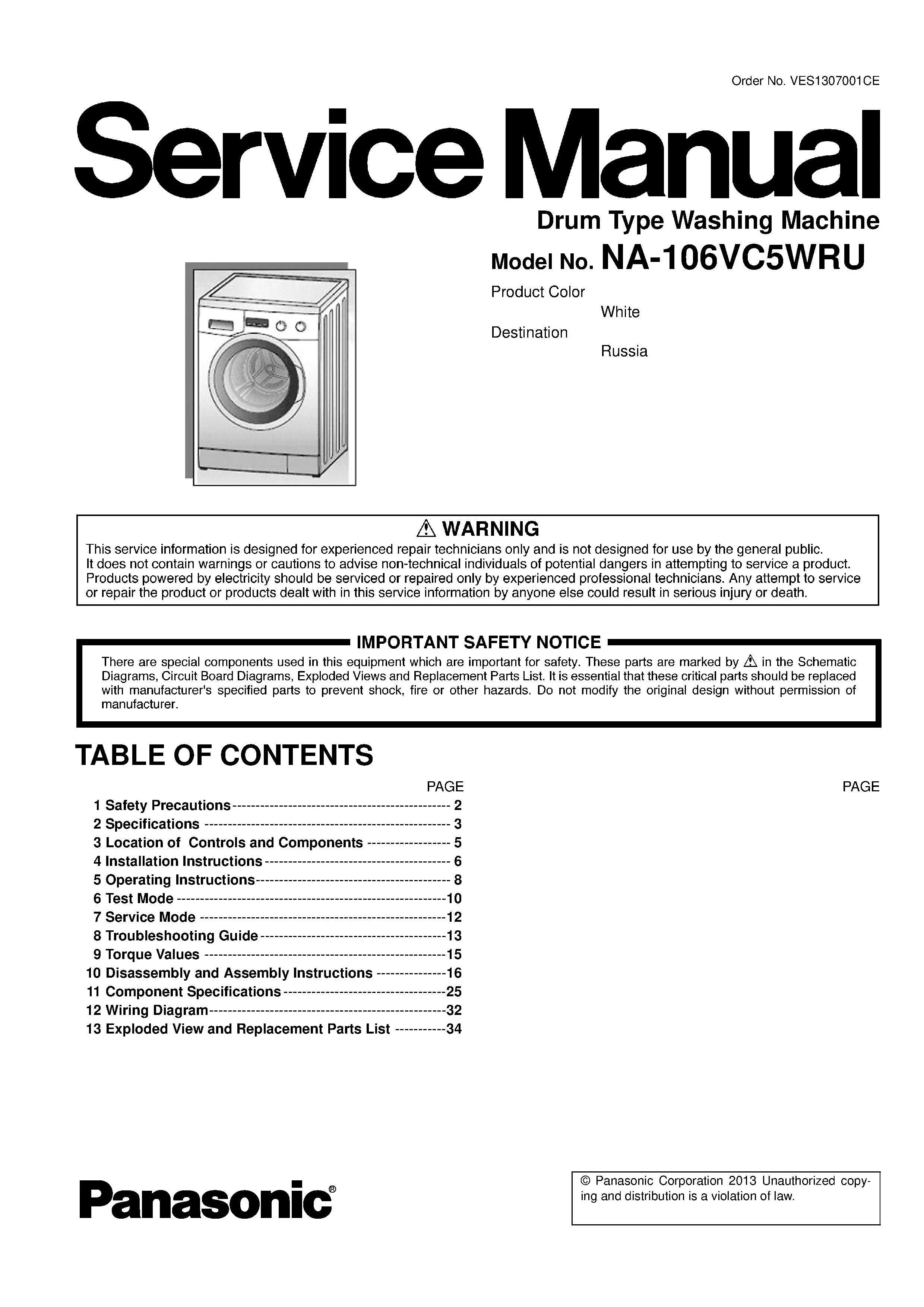 Panasonic na 106vc5 106vc5wru service manual cover from Whirlpool emea customer services with model code, manual creation date, manual contents,