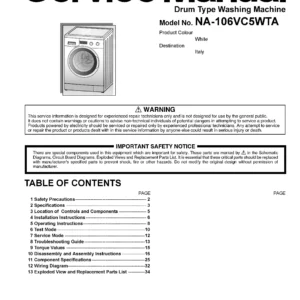 Panasonic na 106vc5 106vc5wta service manual cover from Whirlpool emea customer services with model code, manual creation date, manual contents,