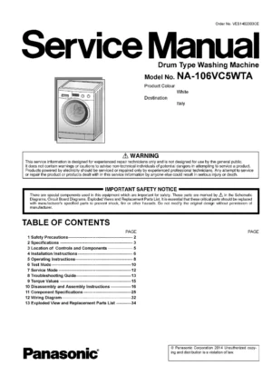 Panasonic na 106vc5 106vc5wta service manual cover from Whirlpool emea customer services with model code, manual creation date, manual contents,