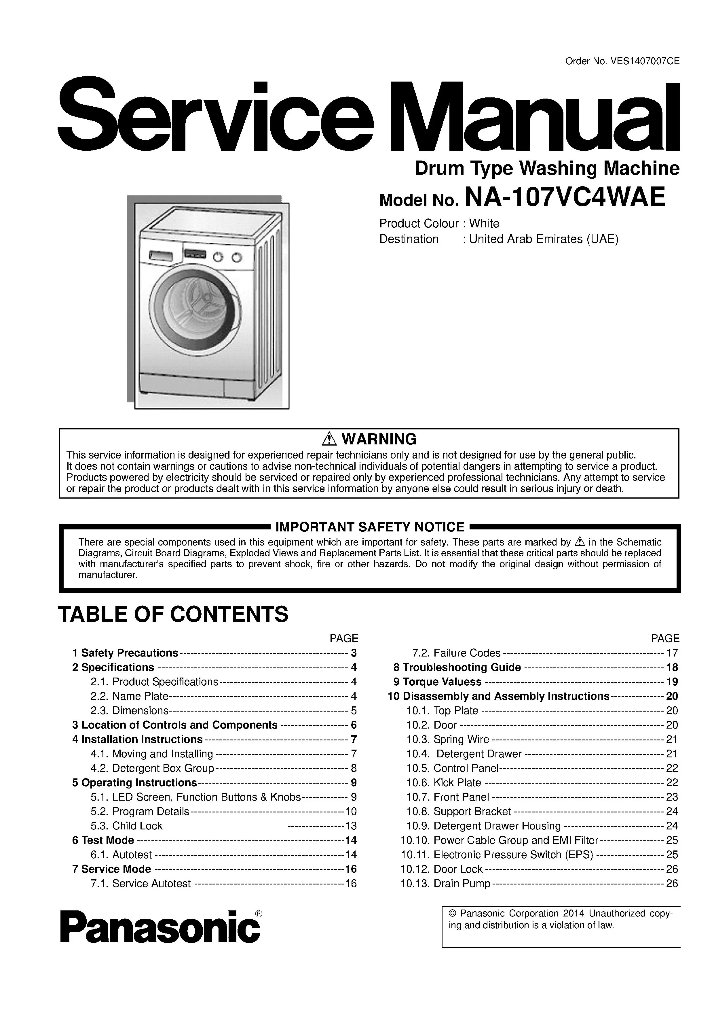Panasonic na 107vc4 107vc4wae service manual cover from Whirlpool emea customer services with model code, manual creation date, manual contents,